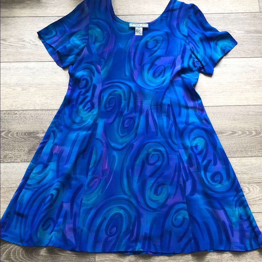 Blue Patterned Midi silk Dress - Short Sleeve size S